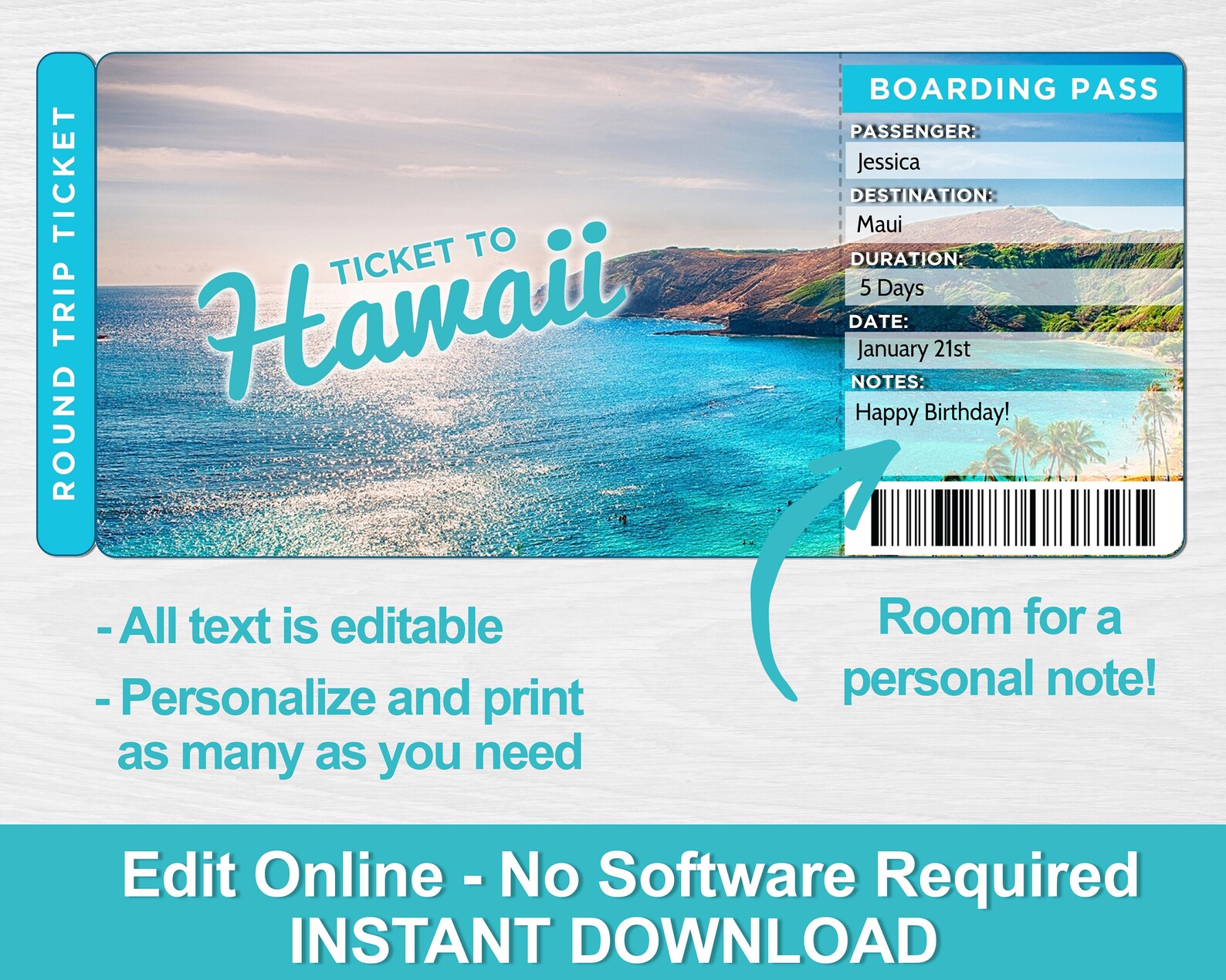 Printable Hawaii Vacation Ticket Editable Ticket Template Etsy