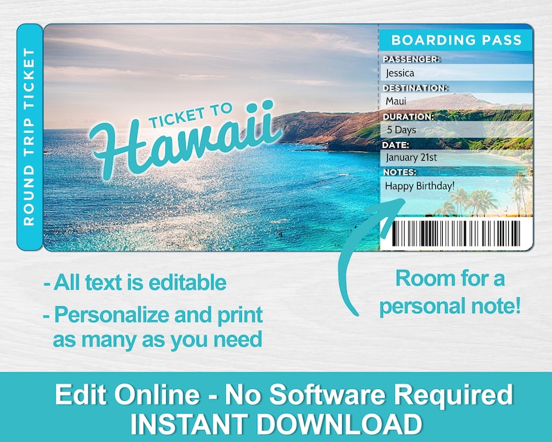 Printable Hawaii Vacation Ticket Editable Ticket Template Etsy
