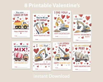 Printable Construction Valentine's Day Cards, Classroom Valentine's Day Cards for Kids, Valentine's Day School Gift Tags, Instant Download