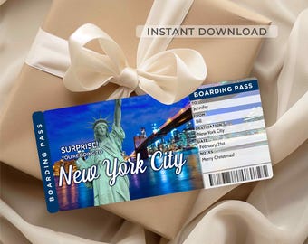 Billet surprise New York City Trip - Carte d'embarquement modifiable, révélation imprimable des vacances à New York, cadeau de voyage (téléchargement instantané)