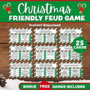以下が含まれることがあります： クリスマスをテーマにした印刷可能なゲームで、人気のあるクリスマスの伝統、オーナメント、キャロル、デザートに関する質問が書かれた25枚のカードが含まれています。カードは赤と白のストライプの縁取りがされており、木目調の背景に配置されています。