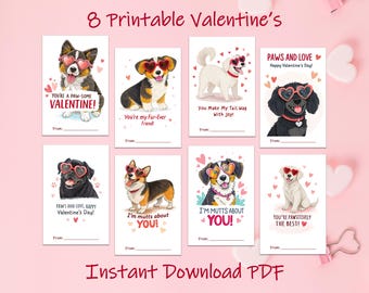 Printable Valentine Cards, Dogs Classroom Valentine Cards, Dog School Valentine Cards For Kids, Valentine's Day Favor Tags, Instant Download
