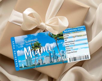 May include: A gift box wrapped in brown paper with a white ribbon and bow. A blue and white boarding pass with the text "SURPRISE! YOU'RE GOING TO Miami" is on top. The boarding pass is for a trip to Miami, Florida.