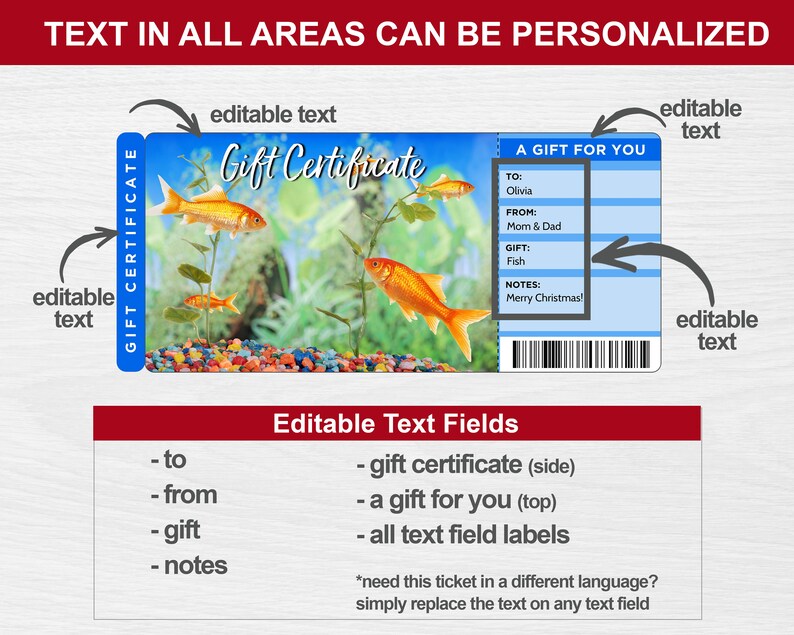 Printable Fish Gift Certificate Template Fish Tank Gift Etsy