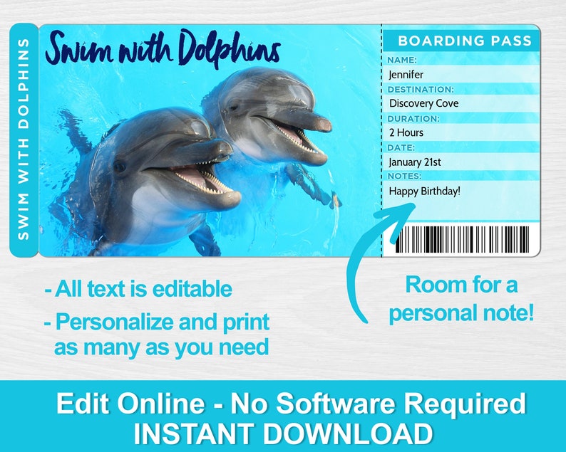 Swim With Dolphins Trip Reveal Tickets Printable Surprise - Etsy UK