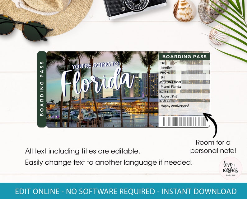 Printable Florida Trip Ticket Trip to Florida Vacation Etsy