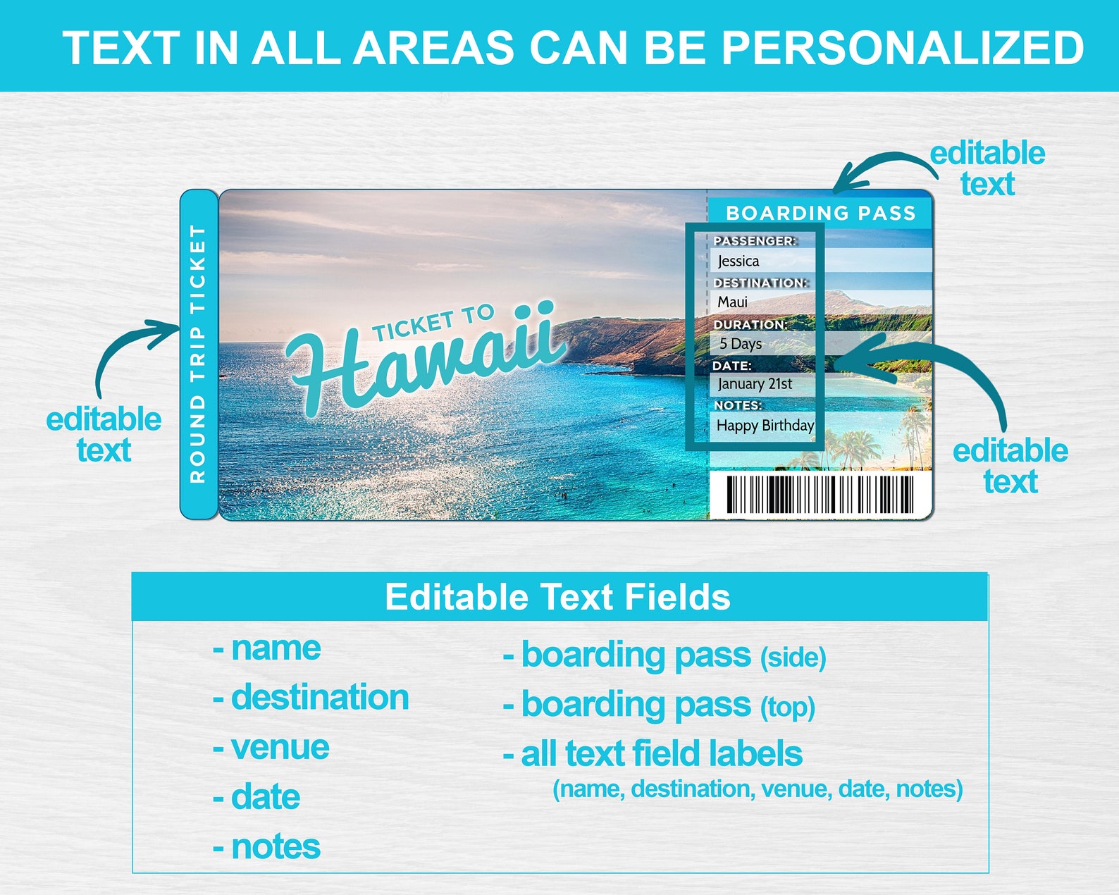 Printable Hawaii Vacation Ticket Editable Ticket Template Etsy