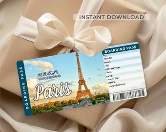 Paris Trip Surprise Ticket, Editable Boarding Pass, Printable Trip Reveal Ticket Gift Voucher
