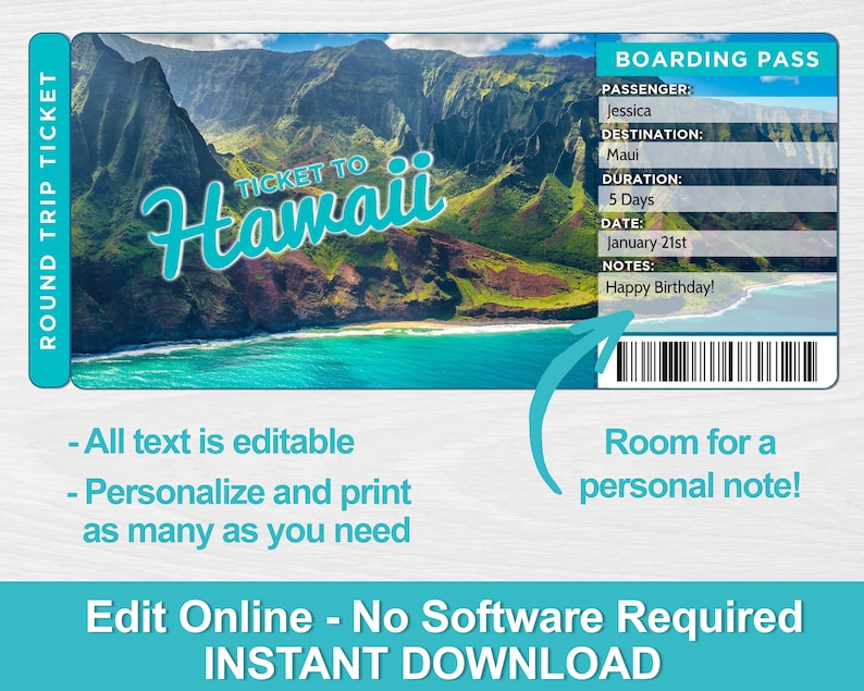 Printable Hawaii Vacation Ticket Editable Ticket Template Etsy