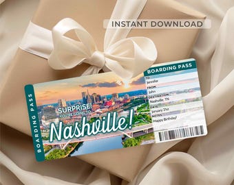 Nashville Trip Surprise Ticket, Editable Boarding Pass, Printable Trip Reveal Ticket Gift Voucher