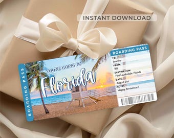 Florida Trip Surprise Ticket – Editable Boarding Pass, Printable Vacation Reveal, Beach & Orlando Travel Gift (Instant Download)