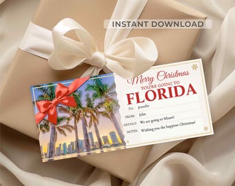 May include: A gift box wrapped in brown paper with a cream-colored bow. A gift tag with the text "Merry Christmas You're Going to Florida" features a photo of palm trees and a city skyline. The tag includes the text "Instant Download".