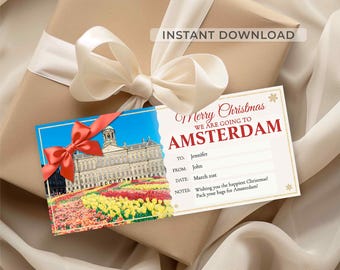 Boleto de regalo para un viaje a Ámsterdam • Certificado de revelación de vacaciones en Europa • Cupón sorpresa imprimible para viajar a los Países Bajos • Descarga instantánea