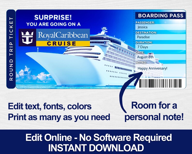 Royal Caribbean Cruise Surprise Trip Ticket Editable Ticket | Etsy