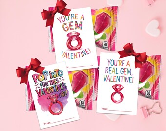 PRINTABLE Valentine Card, Gem Ring Pop Valentine Card, Printable Classroom Valentine Card, School Valentines Favor Tag, Gem Candy Treat Tag