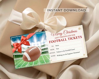 May include: A wrapped gift with a cream-colored bow, accompanied by a gift certificate for football tickets. The certificate reads "Merry Christmas" and "Gift Certificate for Football Tickets". The image on the card shows a football on a field.