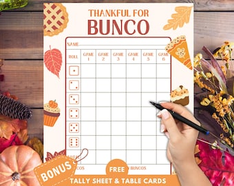 Afdrukbare Thanksgiving Bunco-scorekaarten, Bunco-Tally Sheets en Table Cards-bundel, Herfstfeesten en Friendsgiving Bunco