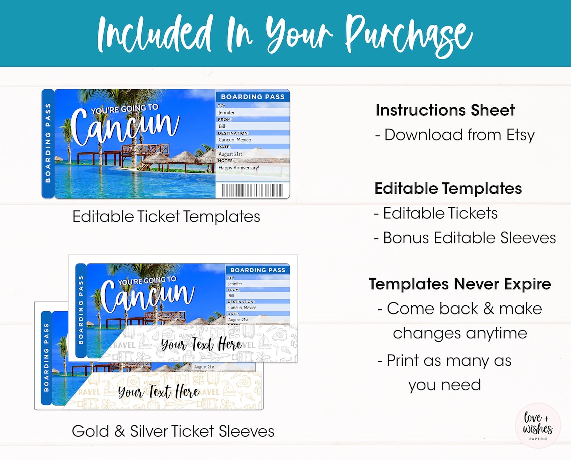 Printable Cancun Trip Ticket Trip to Cancun Mexico Vacation Etsy