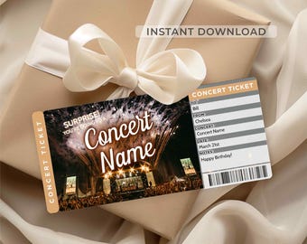 Concert Ticket Gift Surprise – Editable Printable Concert Reveal Gifts, Music Trip Ticket (Instant Download)