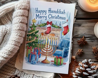 Happy Hanukkah Merry Christmas Card, Printable Holiday Card (Digital Download)
