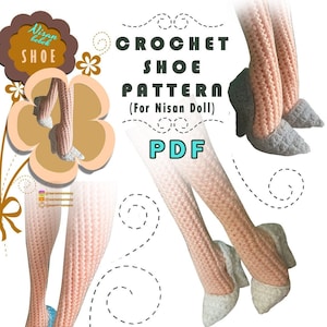 Może przedstawiać: Wzór na szydełkowe buty dla lalki Nisan. Wzór jest w formacie PDF i zawiera instrukcje dotyczące robienia butów. Obraz przedstawia parę różowych i białych szydełkowych butów.