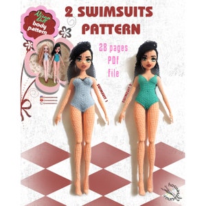 May include: Two crochet doll swimsuits, one light blue and one teal green, with a doll wearing each swimsuit. The image includes the text "2 SWIMSUITS PATTERN 28 pages PDF File".