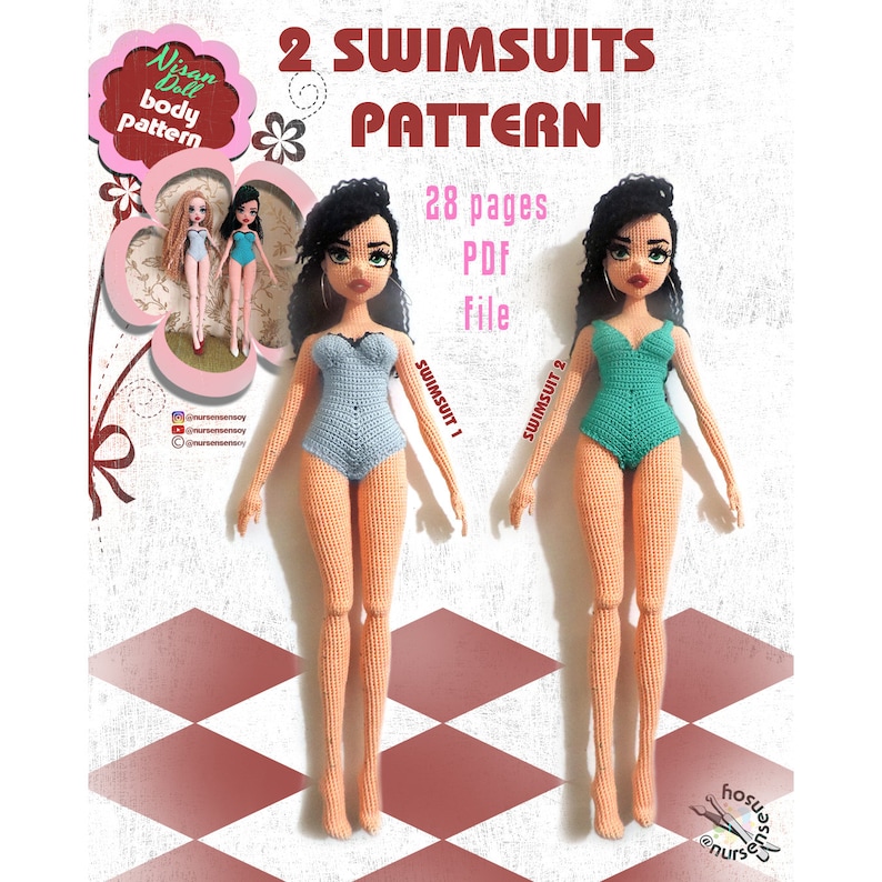 May include: Two crochet doll swimsuits, one light blue and one teal green, with a doll wearing each swimsuit. The image includes the text "2 SWIMSUITS PATTERN 28 pages PDF File".