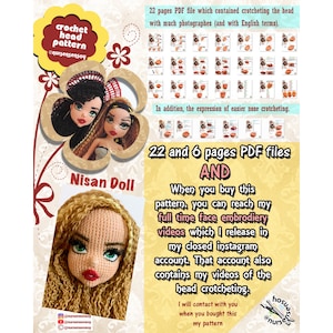 CROCHET HEAD PATTERN - Nisan doll head pattern  22 pages and 6 pages Pdf files and full time face embrodiery videos - crocheting head videos
