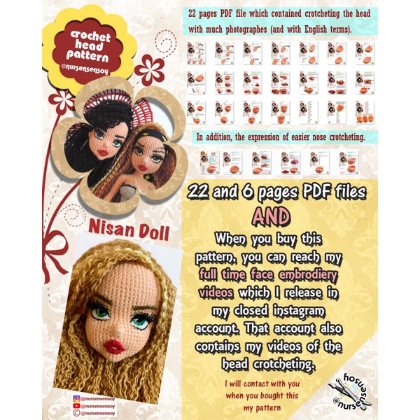 CROCHET HEAD PATTERN - Nisan doll head pattern 22 pages et 6 pages Pdf files and full time face embrodiery videos - crocheting head videos