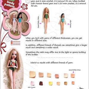 May include: A chart comparing the size of crocheted dolls made with two different brands of yarn. The chart shows the dolls made with Gazzal Baby Cotton yarn are 58 cm tall and the dolls made with Alize Forever yarn are 30 cm tall. The chart also shows 10x10 swatches of the two yarns in different colors.