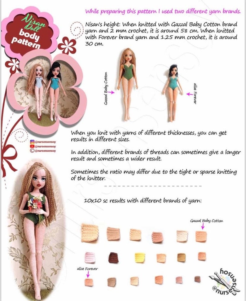 May include: A chart comparing the size of crocheted dolls made with two different brands of yarn. The chart shows the dolls made with Gazzal Baby Cotton yarn are 58 cm tall and the dolls made with Alize Forever yarn are 30 cm tall. The chart also shows 10x10 swatches of the two yarns in different colors.