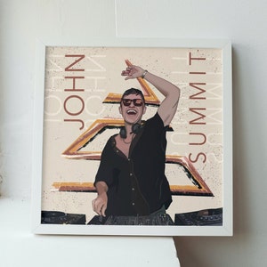 May include: A digital illustration of a DJ wearing sunglasses and a black shirt, standing behind a DJ mixer. The background is a yellow and brown geometric pattern with the text "JOHN" and "SUMMER IT" on either side.