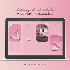 May include: A pink laptop computer screen displaying a digital desktop organizer with a calming aesthetic. The organizer has sections for "This Week", "Software", "Reminders", "Priority", and "Others". The sections are decorated with images of roller skates, a car, a phone, and a bow.