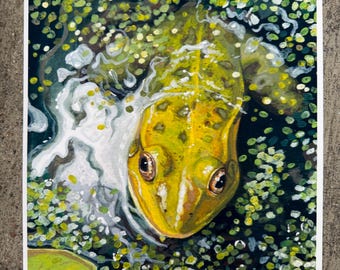 Lurker - Signed 8.5x11 art print poster - Frog submerged in water with foliage