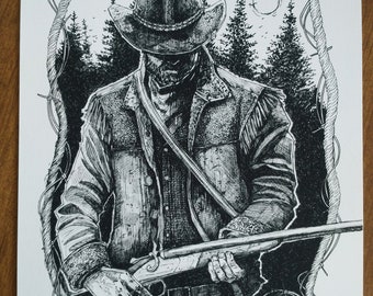 Outlaw Gunslinger Cowboy black and white art print poster illustration