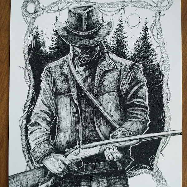 Outlaw Gunslinger Cowboy black and white art print poster illustration