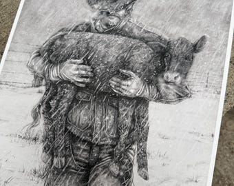 Snowfall - Signed 8.5x11 art print poster - cowboy carrying calf in snow storm
