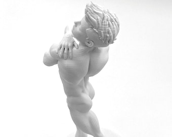 May include: White 3D printed figurine of a person standing on a round base. The person is nude and has short, spiky hair. The figurine is posed with one arm raised and the other arm resting on the shoulder.
