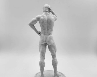 May include: A white, 3D printed sculpture of a nude figure standing on a round base. The figure is posed with one hand on their head, looking away from the viewer.