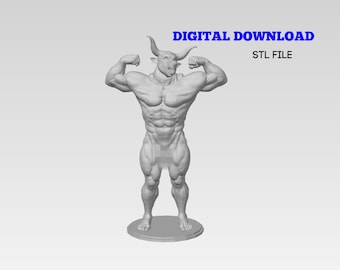 May include: A 3D printed model of a muscular, humanoid figure with bull horns and a human-like face. The figure is standing with its arms raised in a flexing pose. The model is printed in a light gray color.