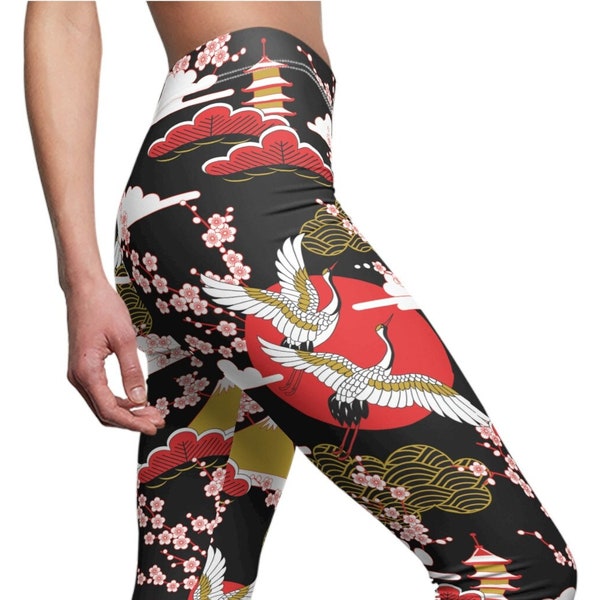 Leggings pour femmes de style artistique japonais, Temple, Grue, Soleil, Yoga, Tai Chi, Méditation
