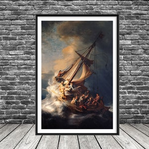 May include: A painting of a ship caught in a storm, with a dramatic sky and large waves. The ship is filled with people, and the scene is full of movement and energy.
