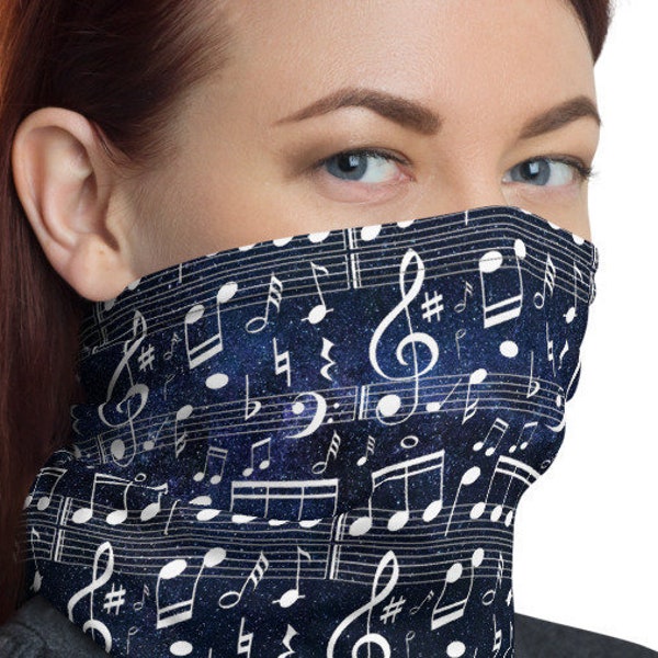 Musical Notes in the space Face Mask Neck Gaiter, Headwear, Facemask, Piano Player Headband Music Singer Composer Gift