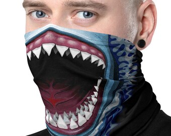 Shark Face Mask - Neck Gaiter, Headwear, Facemask, Ocean Lover, Headband, Shark Attack