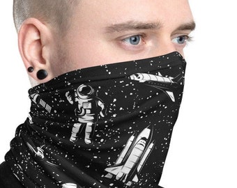 Astronaut in Space Face Mask - Neck Gaiter, Celestial Scarf, Facemask Moon, NASA Shuttle, Stars, Constellations, Cosmos