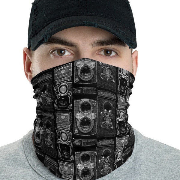 Photographer Face Mask, Vintage Camera Neck Gaiter - Rolleiflex Yashica Voigtländer, Scarf, Facemask, Headband, Retro Photography