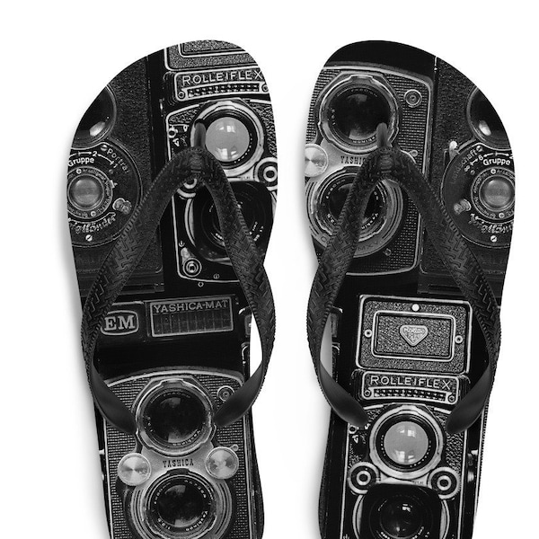 Vintage Photography Flip Flops, Retro Camera - Rolleiflex Yashica Voigtl-nder, Classic Photographer Gift