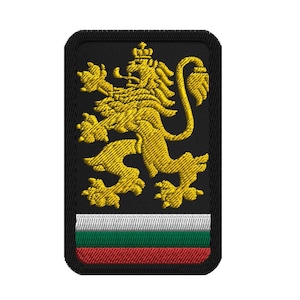 May include: Embroidered patch featuring the Bulgarian coat of arms, a golden lion rampant, on a black background. The bottom section displays the Bulgarian flag in green, white, and red. This patch is suitable for jackets, bags, or other fabric items.