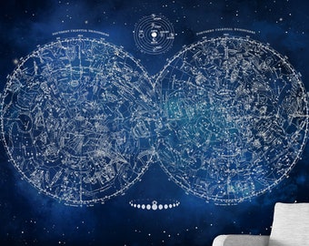 May include: A blue tapestry with a celestial map of the Northern and Southern Hemispheres. The constellations are outlined in white and the background is a dark blue with white stars. The text "SOUTHERN CELESTIAL HEMISPHERE" and "NORTHERN CELESTIAL HEMISPHERE" are printed at the top of each map.