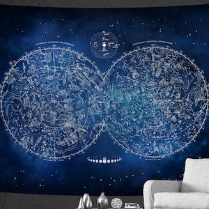 Constellations Map Wall Tapestry, Both Hemispheres, Unique Vintage Astronomy Astrology Mythology, Cosmos Galaxy, Celestial Art image 1